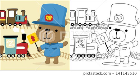 vector cartoon of steam train cartoon with funny bear in machinist costume, coloring book or page vector cartoon of steam train cartoon with funny bear in machinist costume, coloring book or page 141145510