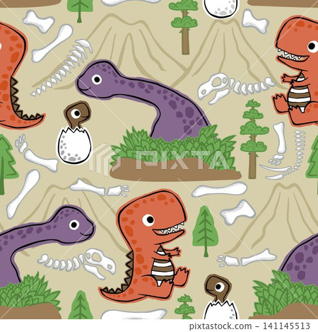 seamless pattern vector of hand drawn cute dinosaurs cartoon, prehistoric elements illustration seamless pattern vector of hand drawn cute dinosaurs cartoon, prehistoric elements illustration 141145513