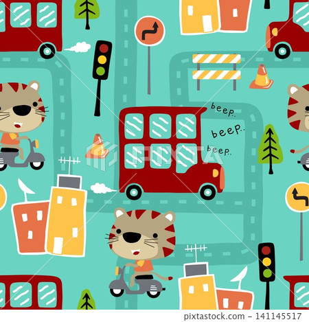 seamless pattern vector of urban transportations with cute tiger on scooter, cityscape elements cartoon seamless pattern vector of urban transportations with cute tiger on scooter, cityscape elements cartoon 141145517