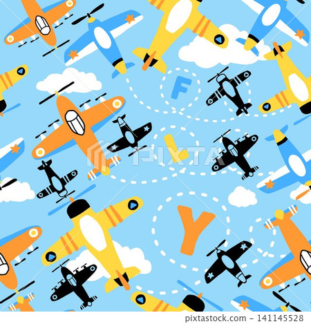 seamless pattern vector of airplane cartoon, flight elements illustration seamless pattern vector of airplane cartoon, flight elements illustration 141145528