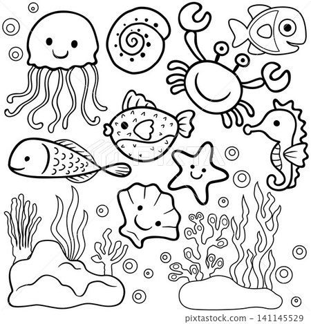 vector cartoon of marine animals, coloring book or page vector cartoon of marine animals, coloring book or page 141145529