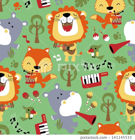seamless pattern vector of funny animals cartoon playing music instrument, musical elements illustration seamless pattern vector of funny animals cartoon playing music instrument, musical elements illustration 141145533