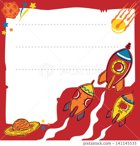 frame border template of hand drawn spaceship cartoon, space elements illustration 141145535