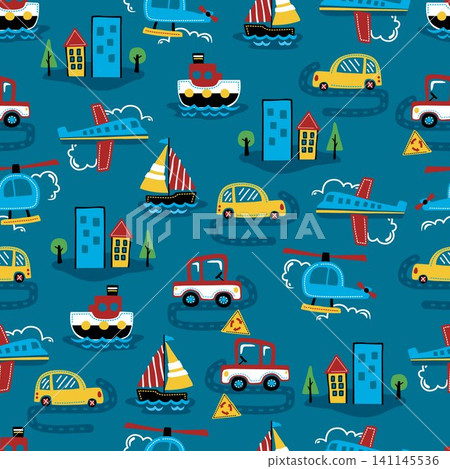 Seamless pattern vector of transportations cartoon with buildings Seamless pattern vector of transportations cartoon with buildings 141145536