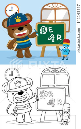 coloring book or page of cute bear cartoon with funny pencil in class room coloring book or page of cute bear cartoon with funny pencil in class room 141145537
