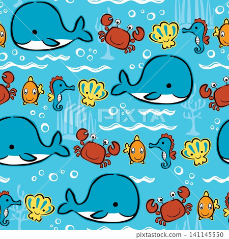 Seamless pattern vector of hand drawn marine animals cartoon, undersea elements illustration Seamless pattern vector of hand drawn marine animals cartoon, undersea elements illustration 141145550