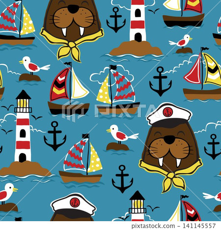 Seamless pattern vector of sailing elements cartoon with funny walrus Seamless pattern vector of sailing elements cartoon with funny walrus 141145557