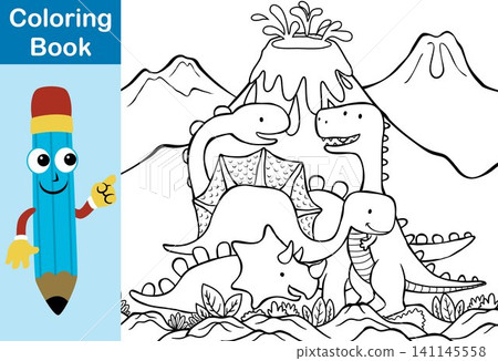 Vector illustration of dinosaurs cartoon on volcanoes background, coloring book or page Vector illustration of dinosaurs cartoon on volcanoes background, coloring book or page 141145558