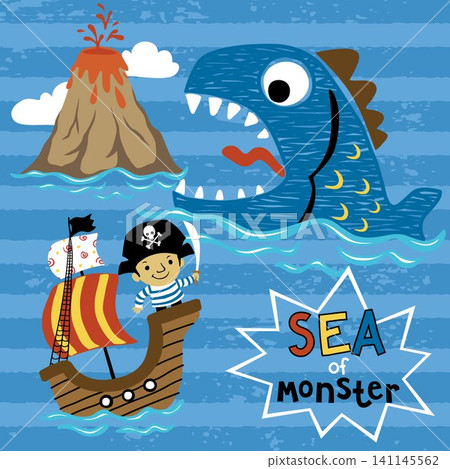 Vector cartoon of fighting pirate on sailboat versus fish monster, pirate element cartoon 141145562