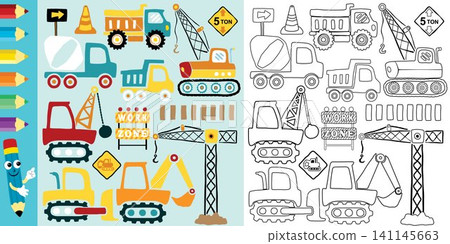 Vector set of hand drawn construction vehicles cartoon, construction elements, coloring book or page Vector set of hand drawn construction vehicles cartoon, construction elements, coloring book or page 141145663