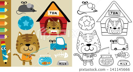 funny cat cartoon with its toys, pet elements vector illustration, coloring book or page 141145666