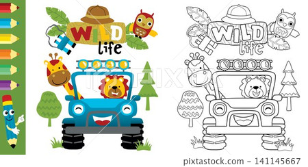 Vector cartoon of funny animals on car, safari elements cartoon, coloring book or page Vector cartoon of funny animals on car, safari elements cartoon, coloring book or page 141145667