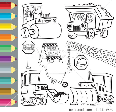 coloring book or page of funny construction vehicles cartoon, construction elements vector illustration coloring book or page of funny construction vehicles cartoon, construction elements vector illustration 141145670