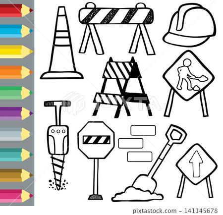 Vector set of construction sign, construction elements cartoon, coloring book or page Vector set of construction sign, construction elements cartoon, coloring book or page 141145678