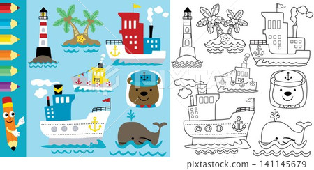 Vector illustration of sailing elements cartoon with funny bear, coloring book or page Vector illustration of sailing elements cartoon with funny bear, coloring book or page 141145679
