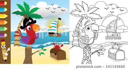 Vector illustration, coloring book of funny parrot in pirate cap in the beach at summer, pirate elements cartoon Vector illustration, coloring book of funny parrot in pirate cap in the beach at summer, pirate elements cartoon 141145680