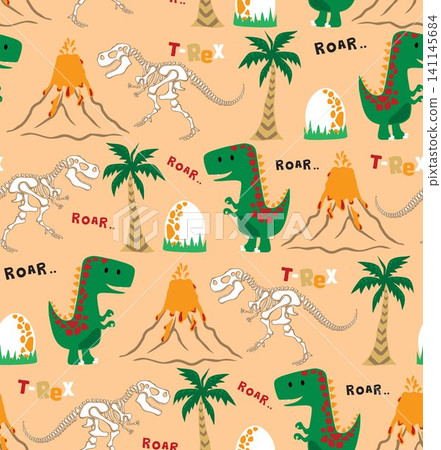 Seamless pattern vector of dinosaurs cartoon, prehistoric elements cartoon Seamless pattern vector of dinosaurs cartoon, prehistoric elements cartoon 141145684