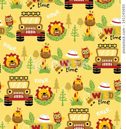 Seamless pattern vector of safari elements cartoon with funny animals and car Seamless pattern vector of safari elements cartoon with funny animals and car 141145693