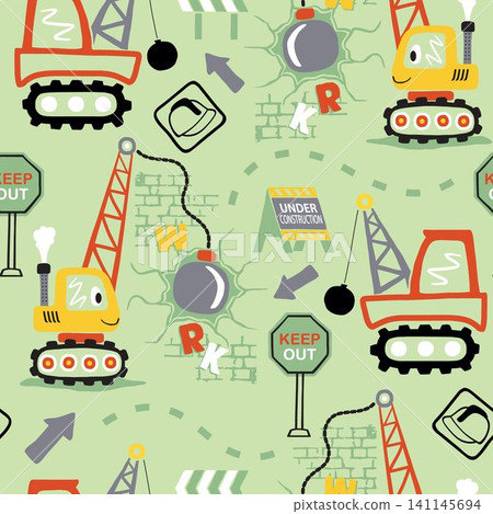 Seamless pattern vector of construction elements cartoon. Wrecking ball crane with construction signs Seamless pattern vector of construction elements cartoon. Wrecking ball crane with construction signs 141145694
