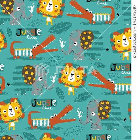 Seamless pattern vector of animals cartoon character with ornament, jungle elements cartoon Seamless pattern vector of animals cartoon character with ornament, jungle elements cartoon 141145697