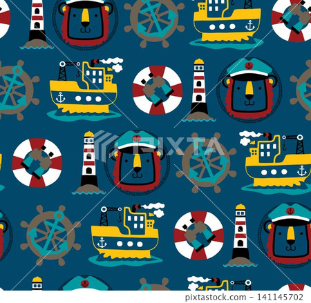 Seamless pattern vector of sailing elements cartoon with funny lion sailor Seamless pattern vector of sailing elements cartoon with funny lion sailor 141145702