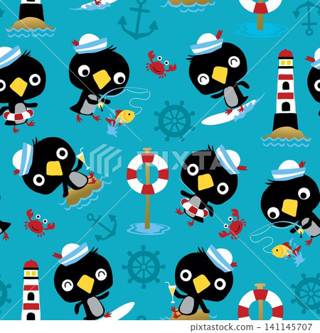 Seamless pattern vector of penguin wearing sailor cap, sailing elements cartoon 141145707