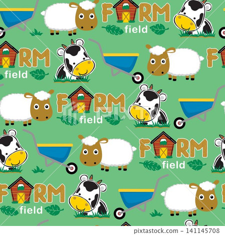 Seamless pattern vector of farm animals cartoon, farm field elements Seamless pattern vector of farm animals cartoon, farm field elements 141145708