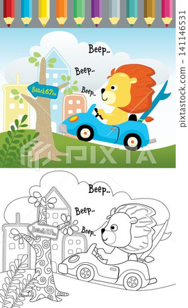 Vector cartoon of lion driving car in little town, coloring book or page Vector cartoon of lion driving car in little town, coloring book or page 141146531