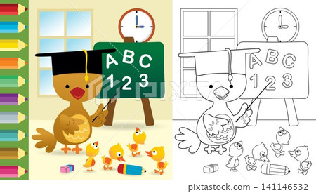 Vector cartoon of funny chicken wearing graduation cap with duck cub in classroom, coloring book or page Vector cartoon of funny chicken wearing graduation cap with duck cub in classroom, coloring book or page 141146532