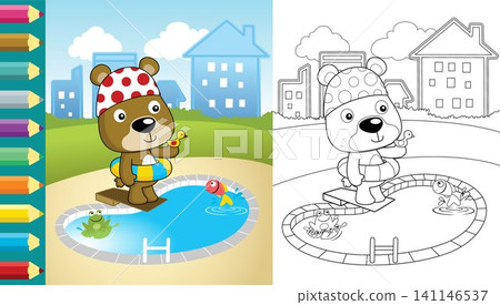 Vector cartoon of funny bear in swimming pool with frog and fish on building background, coloring book or page Vector cartoon of funny bear in swimming pool with frog and fish on building background, coloring book or page 141146537