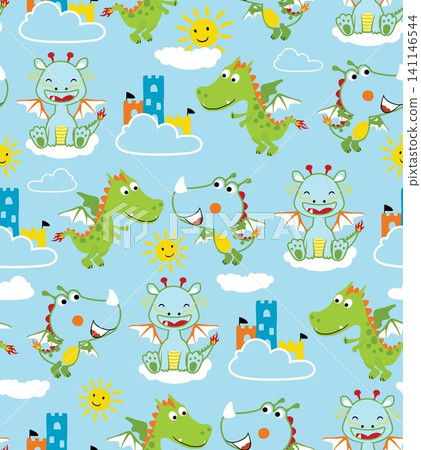 Seamless pattern vector of funny dragon cartoon, fairytale elements cartoon 141146544