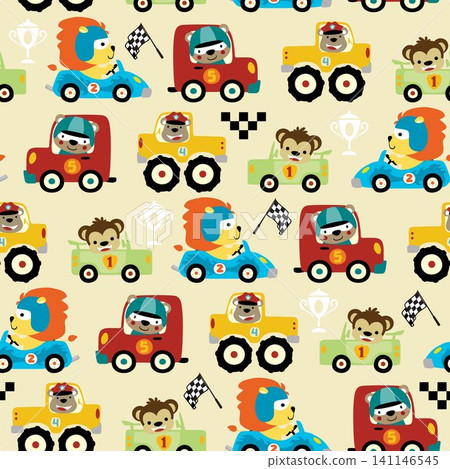 Seamless pattern vector of car racing cartoon with funny animals driver, car racing elements illustration Seamless pattern vector of car racing cartoon with funny animals driver, car racing elements illustration 141146545