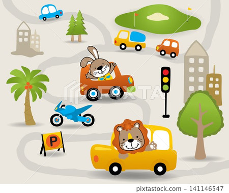 Vector cartoon of vehicle cartoon with funny animals driver, little town traffic elements Vector cartoon of vehicle cartoon with funny animals driver, little town traffic elements 141146547
