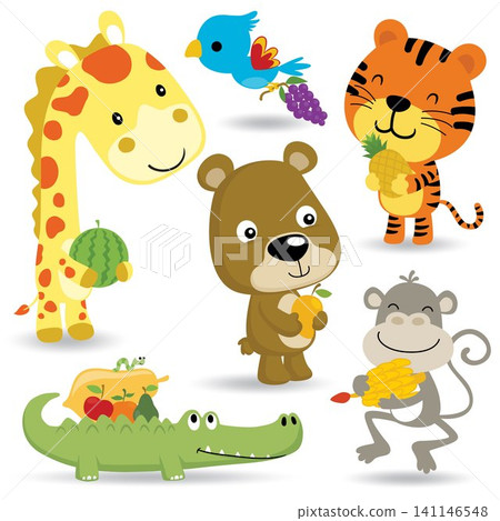 Vector cartoon of funny animals cartoon with fruits 141146548