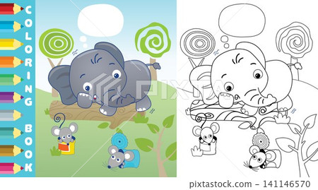 Coloring book of funny elephant fear with mice in can, vector cartoon illustration Coloring book of funny elephant fear with mice in can, vector cartoon illustration 141146570