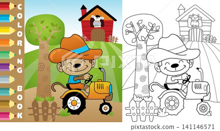 Coloring page or book of funny monkey driving tractor in farm yard, farming elements, vector cartoon illustration Coloring page or book of funny monkey driving tractor in farm yard, farming elements, vector cartoon illustration 141146571