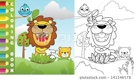 Vector illustration of cartoon lion with it cub, little bird on tree branches, coloring page or book Vector illustration of cartoon lion with it cub, little bird on tree branches, coloring page or book 141146578