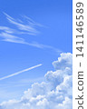 A realistic summer sky illustration with a vertical composition featuring contrails and cumulonimbus clouds. 141146589