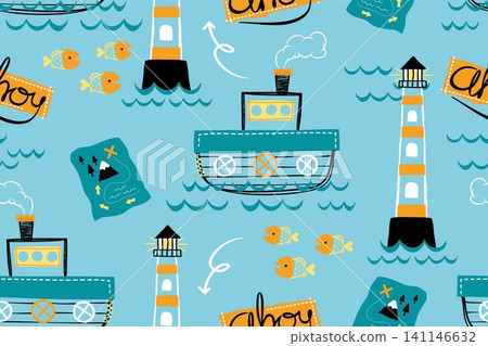 vector seamless pattern of sailing elements cartoon in hand drawn style vector seamless pattern of sailing elements cartoon in hand drawn style 141146632