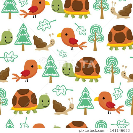 Vector seamless pattern of funny little animals cartoon with trees. Turtle, birds and snail Vector seamless pattern of funny little animals cartoon with trees. Turtle, birds and snail 141146633