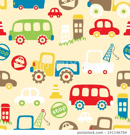 Seamless pattern vector of colorful vehicles cartoon with buildings, traffic elements illustration Seamless pattern vector of colorful vehicles cartoon with buildings, traffic elements illustration 141146784