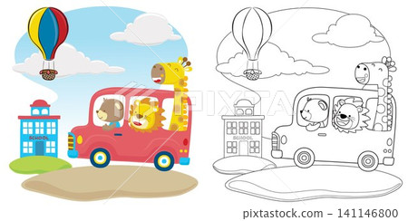 Vector cartoon of funny animals on red bus going to school, coloring book or page Vector cartoon of funny animals on red bus going to school, coloring book or page 141146800