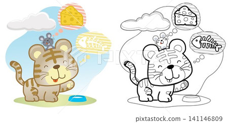 Vector cartoon of funny kitten and mice thinking of foods, coloring book or page Vector cartoon of funny kitten and mice thinking of foods, coloring book or page 141146809