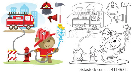 Vector cartoon of cute bear in fireman costume with firefighter elements, coloring book or page Vector cartoon of cute bear in fireman costume with firefighter elements, coloring book or page 141146813