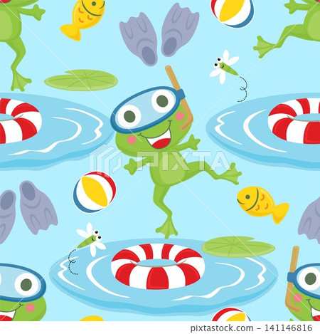Seamless pattern vector of frog wearing diving goggles, swimming elements illustration, swamp animals cartoon 141146816