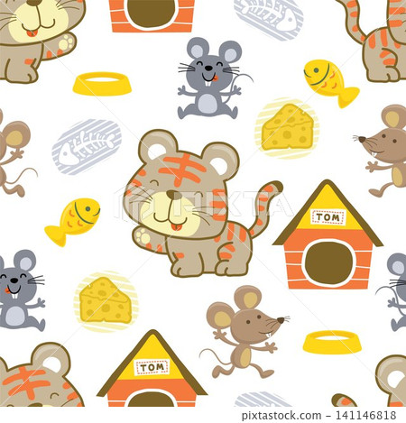 Seamless pattern of funny cat cartoon with mouse and fish. Pet elements cartoon Seamless pattern of funny cat cartoon with mouse and fish. Pet elements cartoon 141146818