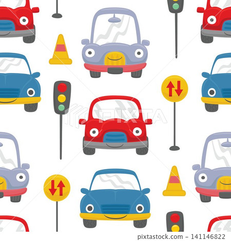Seamless pattern of funny cars cartoon with traffic signs 141146822