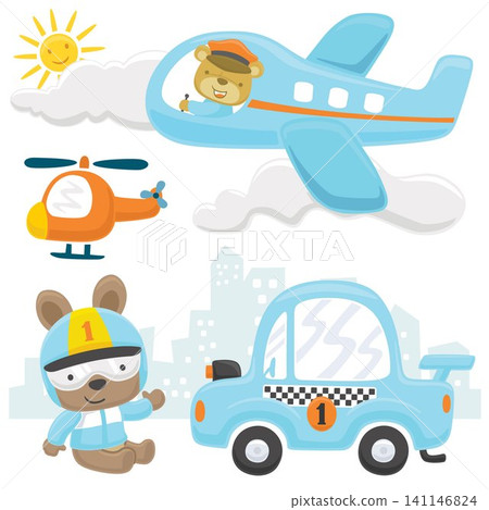 Vector set of transport cartoon with funny animals, transportation elements illustration 141146824