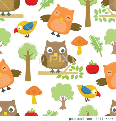 Seamless pattern vector of funny birds cartoon with tree, leaf, mushroom and fruit Seamless pattern vector of funny birds cartoon with tree, leaf, mushroom and fruit 141146826