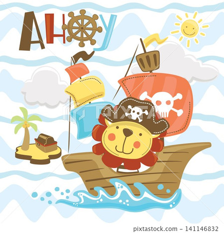Vector cartoon of funny lion on sailboat, pirate elements illustration 141146832